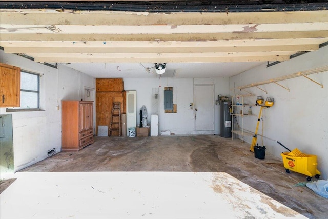 garage with a garage door opener, electric panel, and water heater