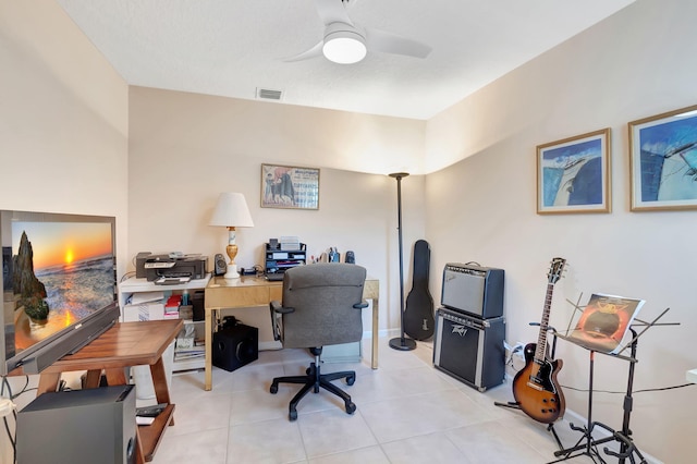 office area featuring light tile patterned flooring and ceiling fan