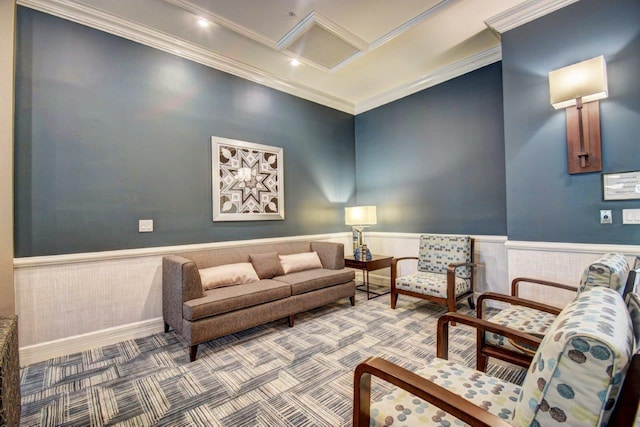 carpeted living room with crown molding