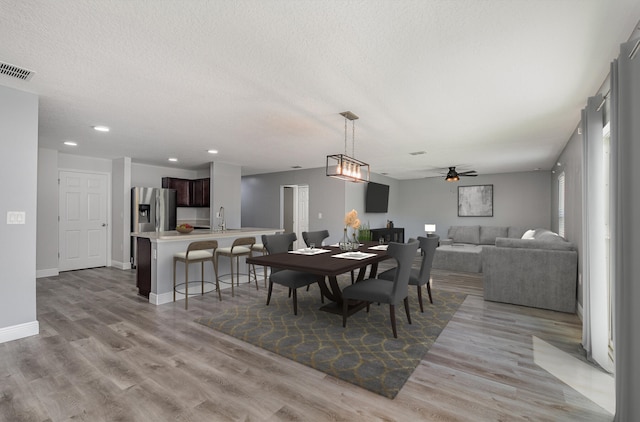 dining space featuring a textured ceiling, light wood-type flooring, ceiling fan, and sink