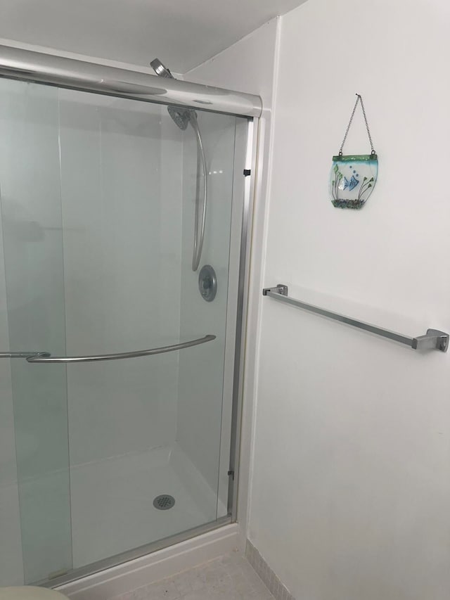 bathroom with a shower with shower door