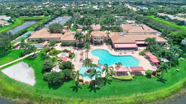 drone / aerial view with a water view