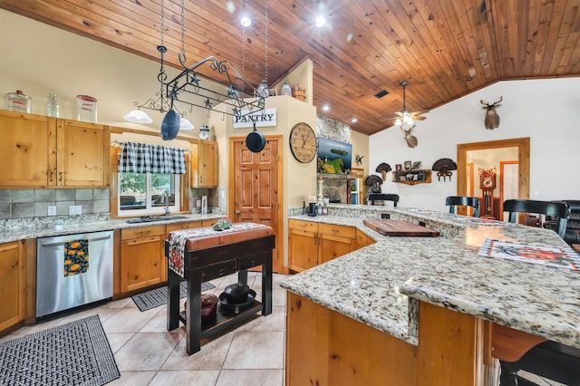 kitchen with wooden ceiling, dishwasher, ceiling fan, and pendant lighting