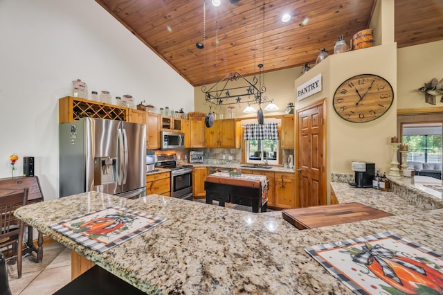 kitchen with hanging light fixtures, high vaulted ceiling, kitchen peninsula, wood ceiling, and appliances with stainless steel finishes