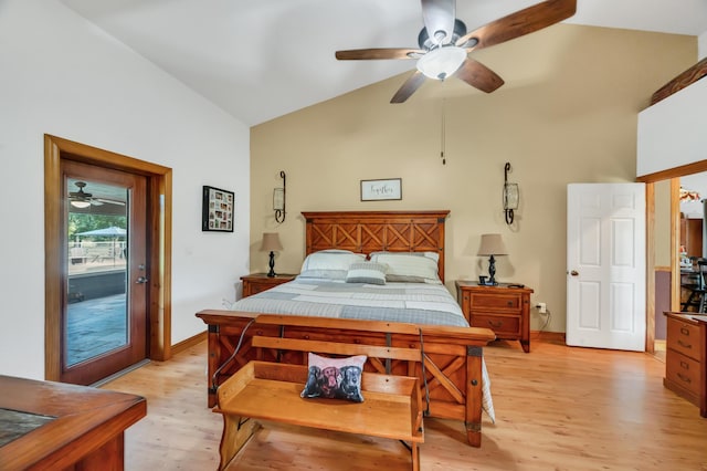 bedroom with access to outside, light hardwood / wood-style floors, ceiling fan, and lofted ceiling