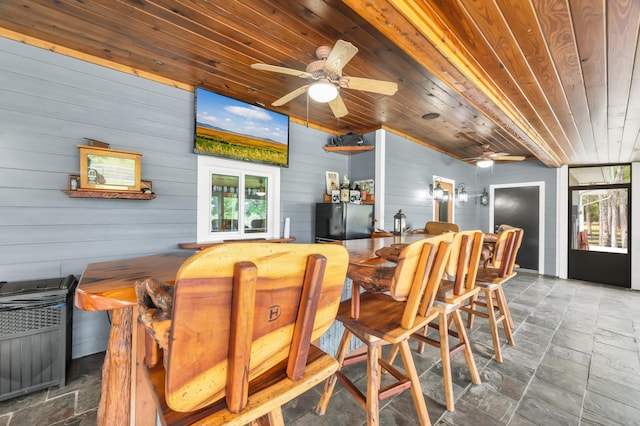 interior space with ceiling fan, wood walls, and wood ceiling