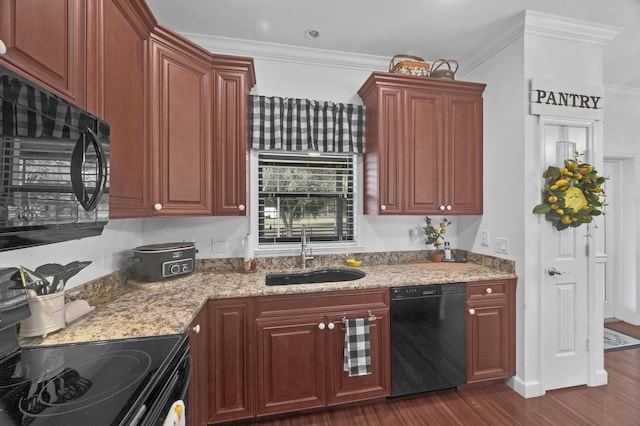 kitchen with black appliances, crown molding, dark hardwood / wood-style flooring, and sink