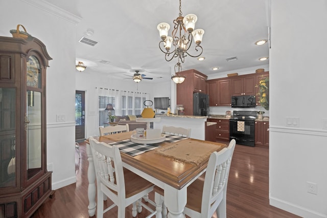 dining space featuring crown molding, ceiling fan with notable chandelier, and dark hardwood / wood-style floors