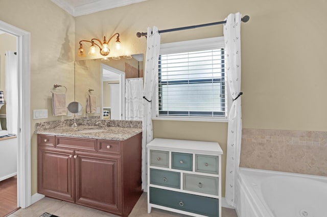 bathroom with tile patterned flooring, vanity, a bathtub, and ornamental molding