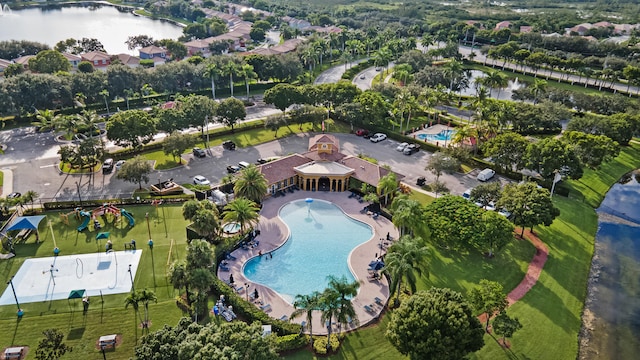 drone / aerial view featuring a water view