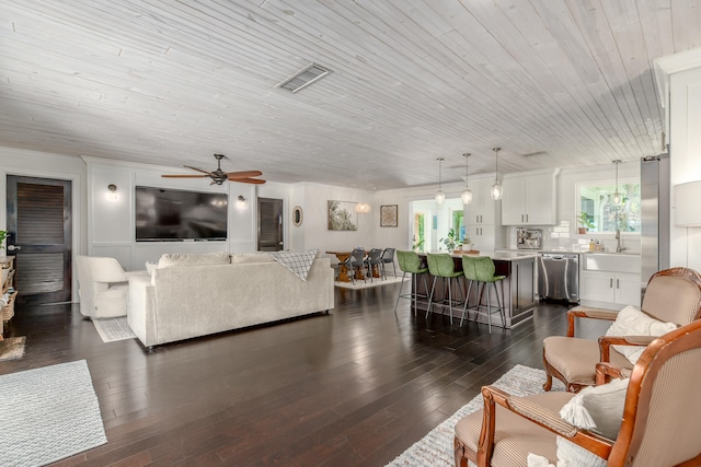 living room featuring ceiling fan, wooden ceiling, and dark hardwood / wood-style floors