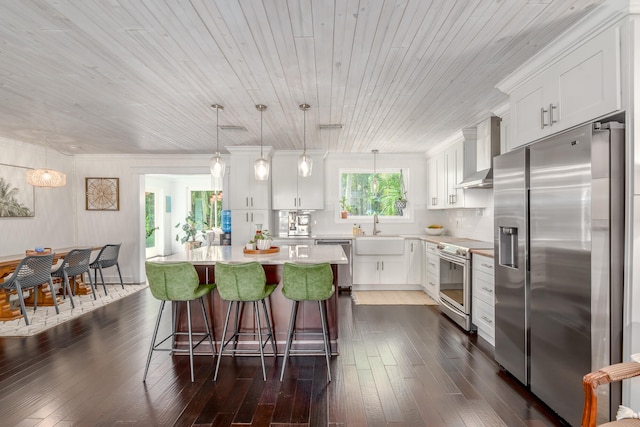 kitchen featuring appliances with stainless steel finishes, a healthy amount of sunlight, decorative light fixtures, and white cabinets