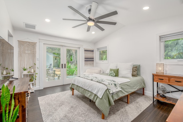 bedroom with access to outside, vaulted ceiling, multiple windows, and ceiling fan