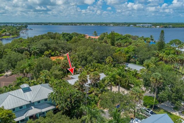 drone / aerial view featuring a water view