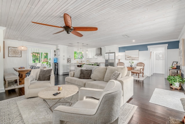 living room featuring ceiling fan, ornamental molding, dark hardwood / wood-style flooring, and wooden ceiling