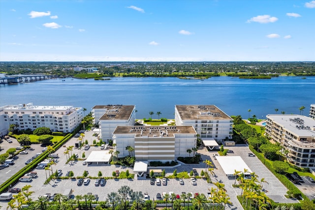 bird's eye view with a water view