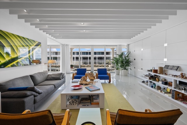 living room with beam ceiling