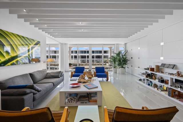 living room featuring beam ceiling