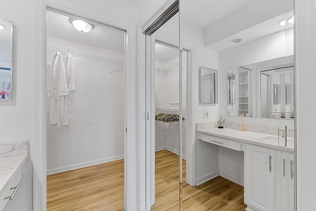 bathroom with hardwood / wood-style floors and vanity