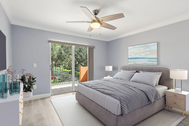 bedroom with ornamental molding, light hardwood / wood-style flooring, access to exterior, and ceiling fan