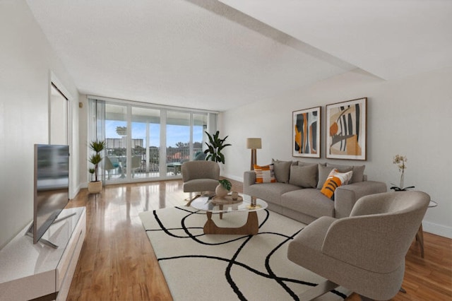 living room featuring light hardwood / wood-style floors and a wall of windows