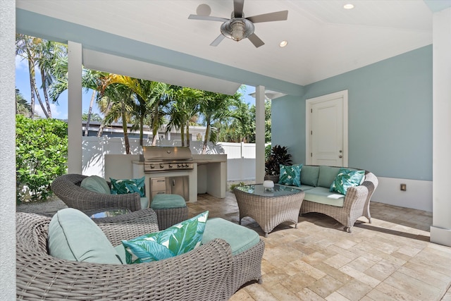 view of patio featuring an outdoor living space, exterior kitchen, a grill, and ceiling fan