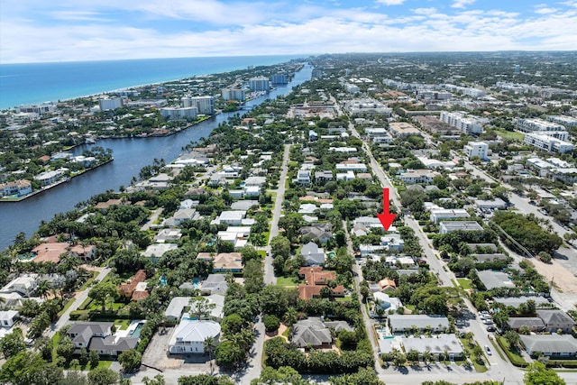 aerial view featuring a water view