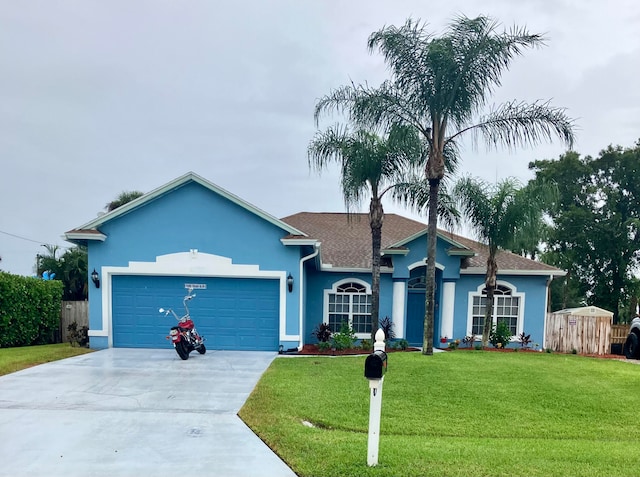 ranch-style house featuring a garage and a front lawn