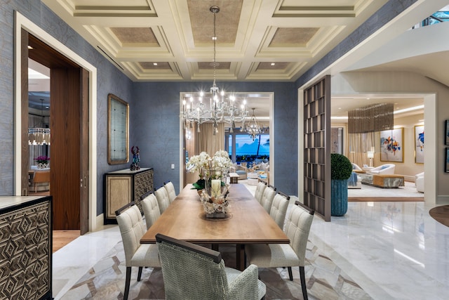 dining area with beamed ceiling, coffered ceiling, and ornamental molding