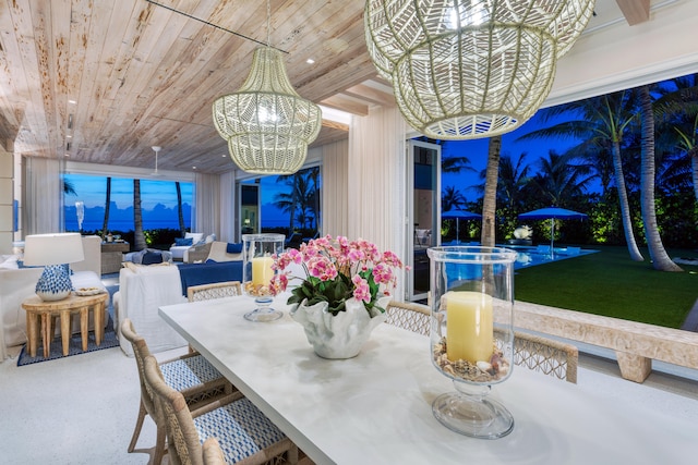 dining space with a notable chandelier and wooden ceiling