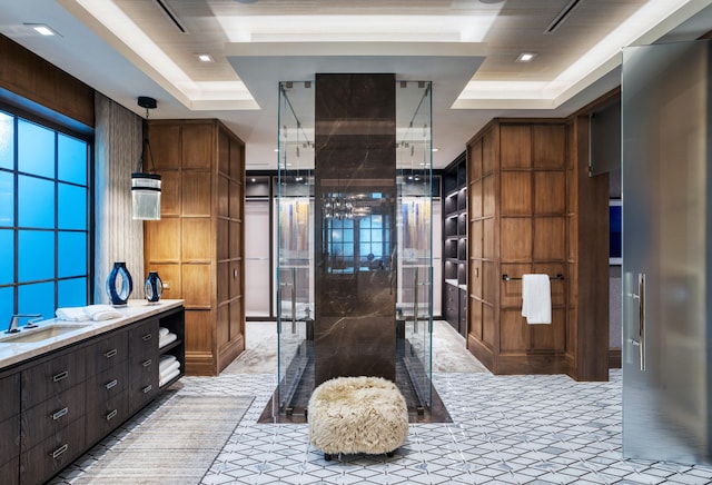 interior space featuring vanity, a raised ceiling, and wood walls