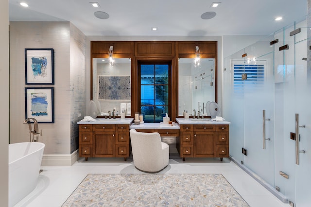 bathroom with vanity, shower with separate bathtub, and tile patterned floors