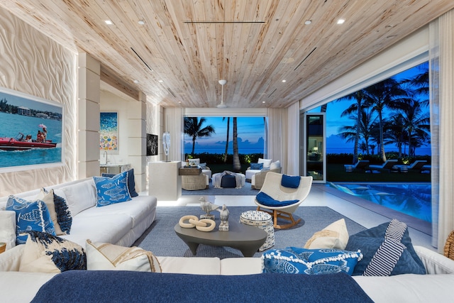 living room with wooden ceiling