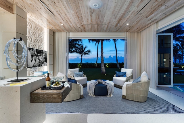 living room featuring wood ceiling