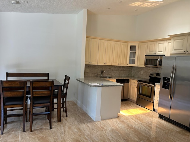 kitchen with sink, stone countertops, a textured ceiling, high vaulted ceiling, and stainless steel appliances