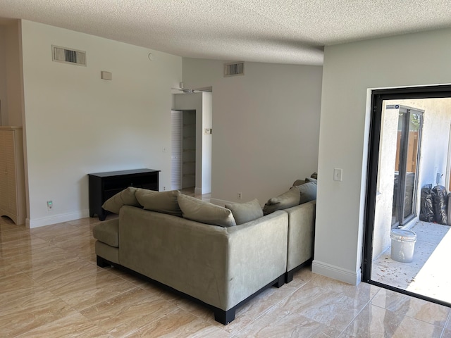 living room featuring lofted ceiling and a textured ceiling