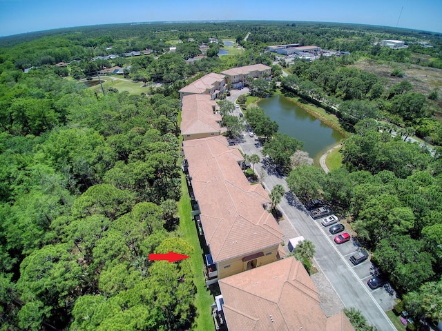 drone / aerial view featuring a water view