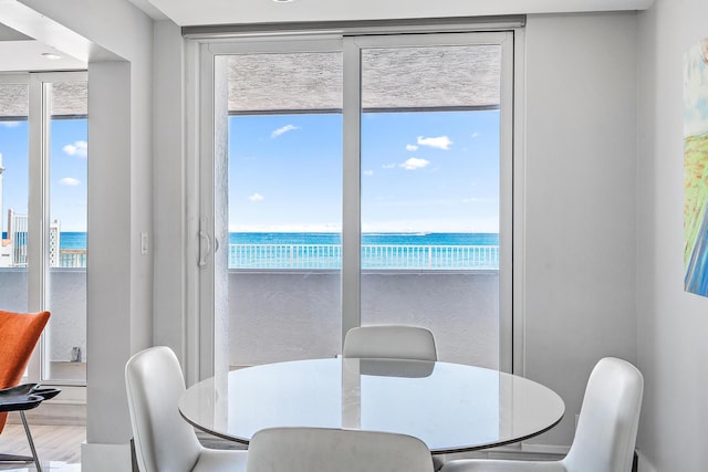 dining room featuring a beach view, plenty of natural light, expansive windows, and a water view