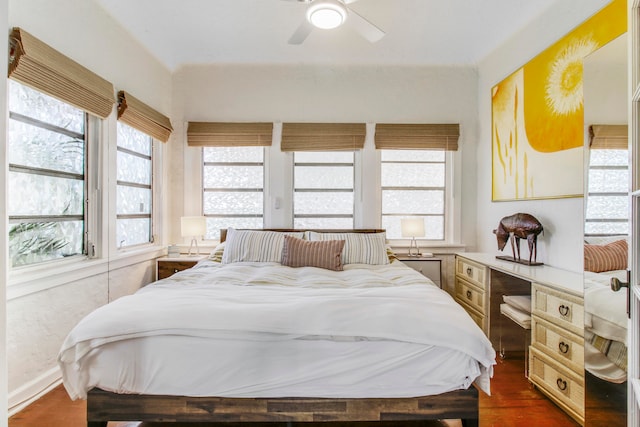 bedroom with multiple windows, dark hardwood / wood-style floors, and ceiling fan