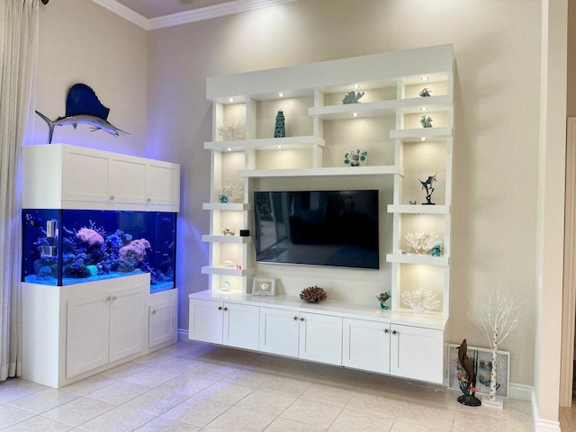 tiled living room with ornamental molding