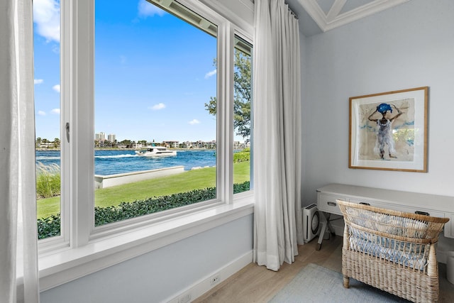 living area featuring a water view, light wood-type flooring, and crown molding