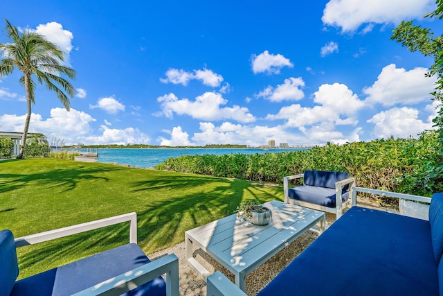 view of patio with a water view