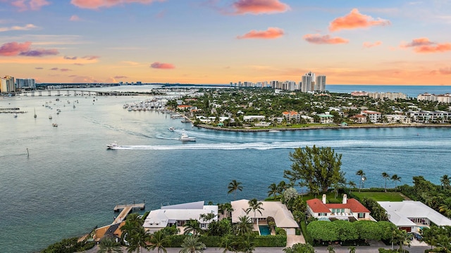 aerial view at dusk with a water view