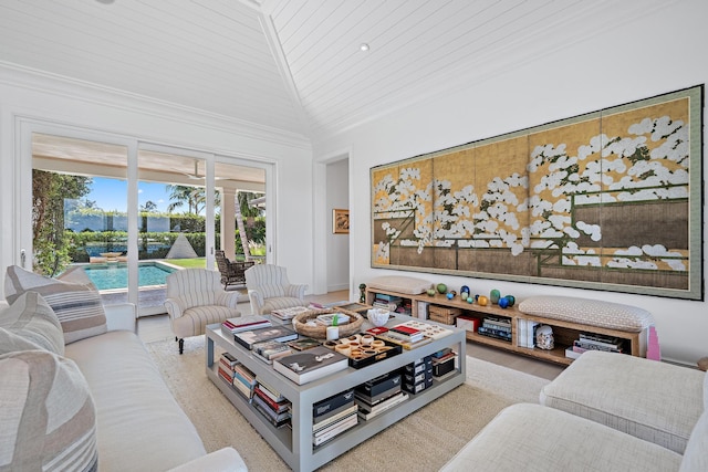 living room with wood ceiling and high vaulted ceiling