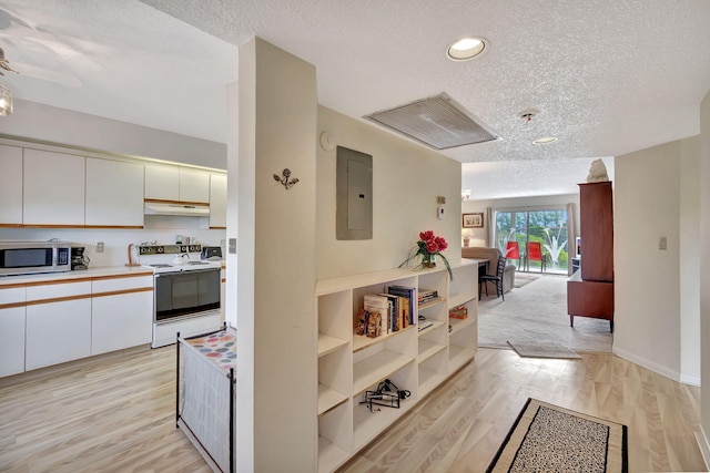 corridor with a textured ceiling, electric panel, and light hardwood / wood-style flooring