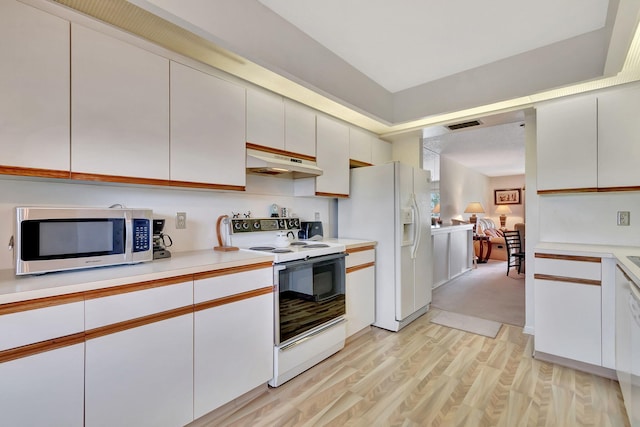 kitchen featuring light hardwood / wood-style floors, white cabinetry, and white appliances