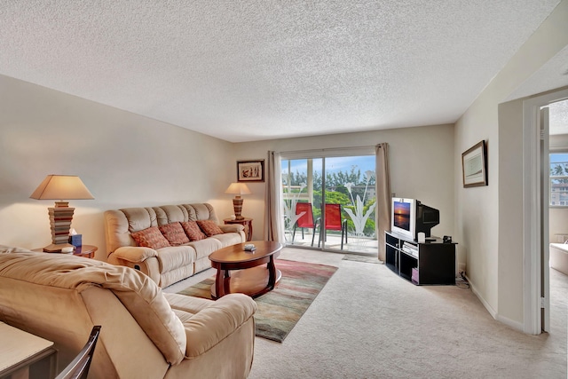 living room with light colored carpet and a textured ceiling