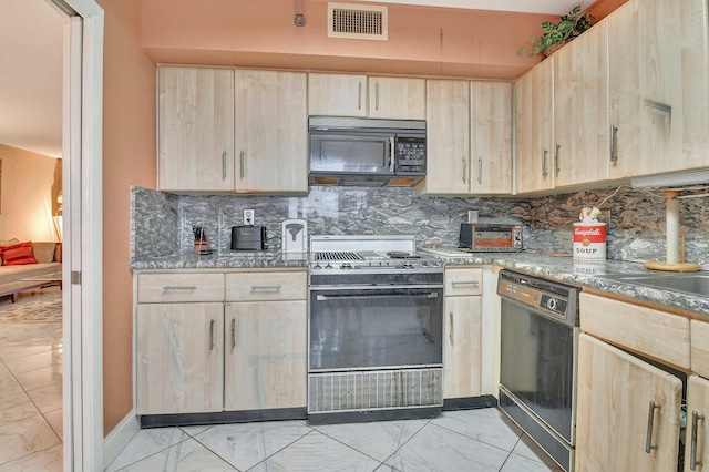 kitchen featuring light brown cabinetry, black appliances, and backsplash