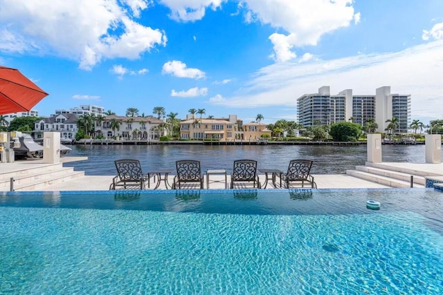 view of swimming pool with a water view