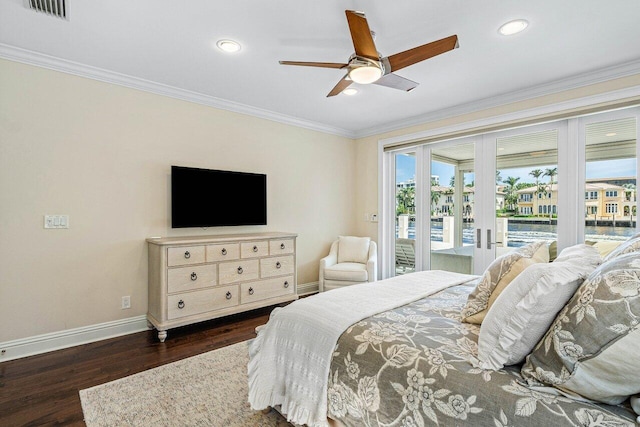 bedroom with french doors, access to outside, dark wood-type flooring, ornamental molding, and ceiling fan